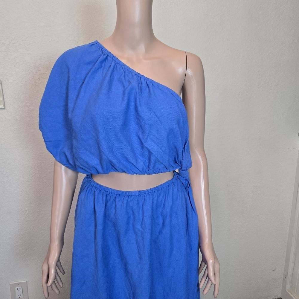 Farm Rio Copacabana Women's Blue Tie Knot One Shoulder Cutout Midi Dress Size M - Picture 9 of 16